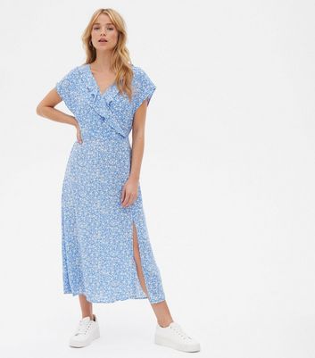 Blue Ditsy Floral Ruffle Midi Wrap Dress New Look