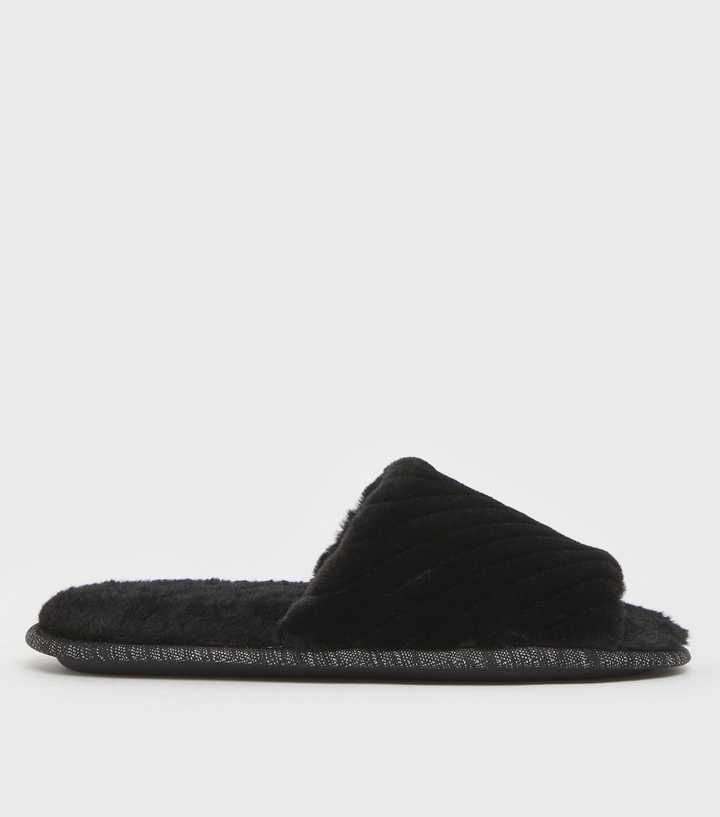 Black Chevron Faux Fur Slider Slippers