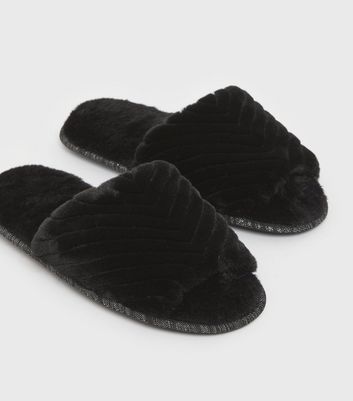 black fluffy slider slippers