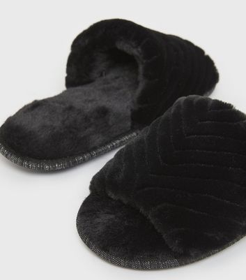 shop for Black Chevron Faux Fur Slider Slippers New Look Vegan at Shopo