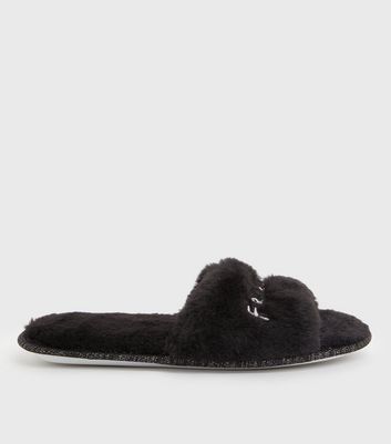 Black Faux Fur Friends Logo Slider Slippers New Look Vegan