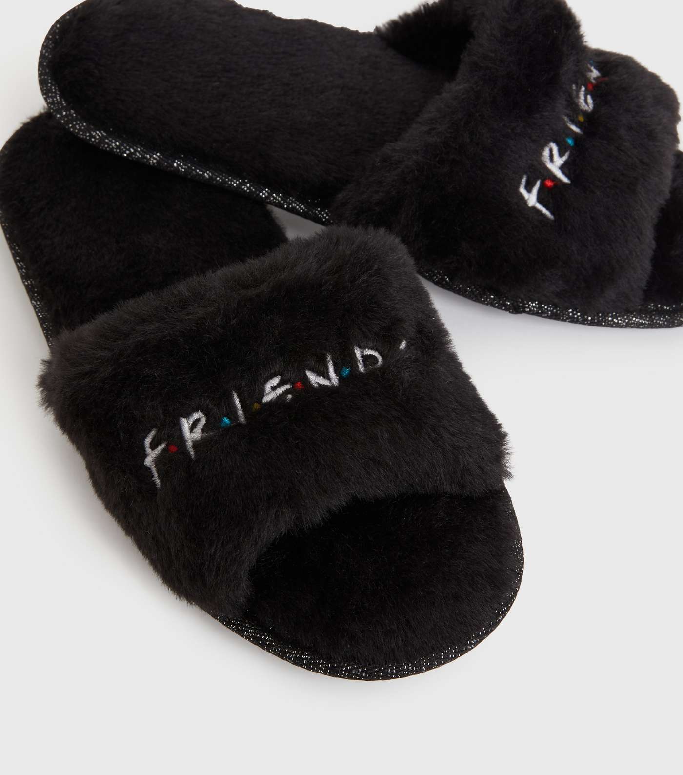 Black Faux Fur Friends Logo Slider Slippers Image 4