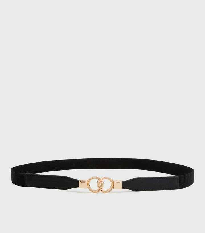 Black Double Circle Buckle Skinny Stretch Belt