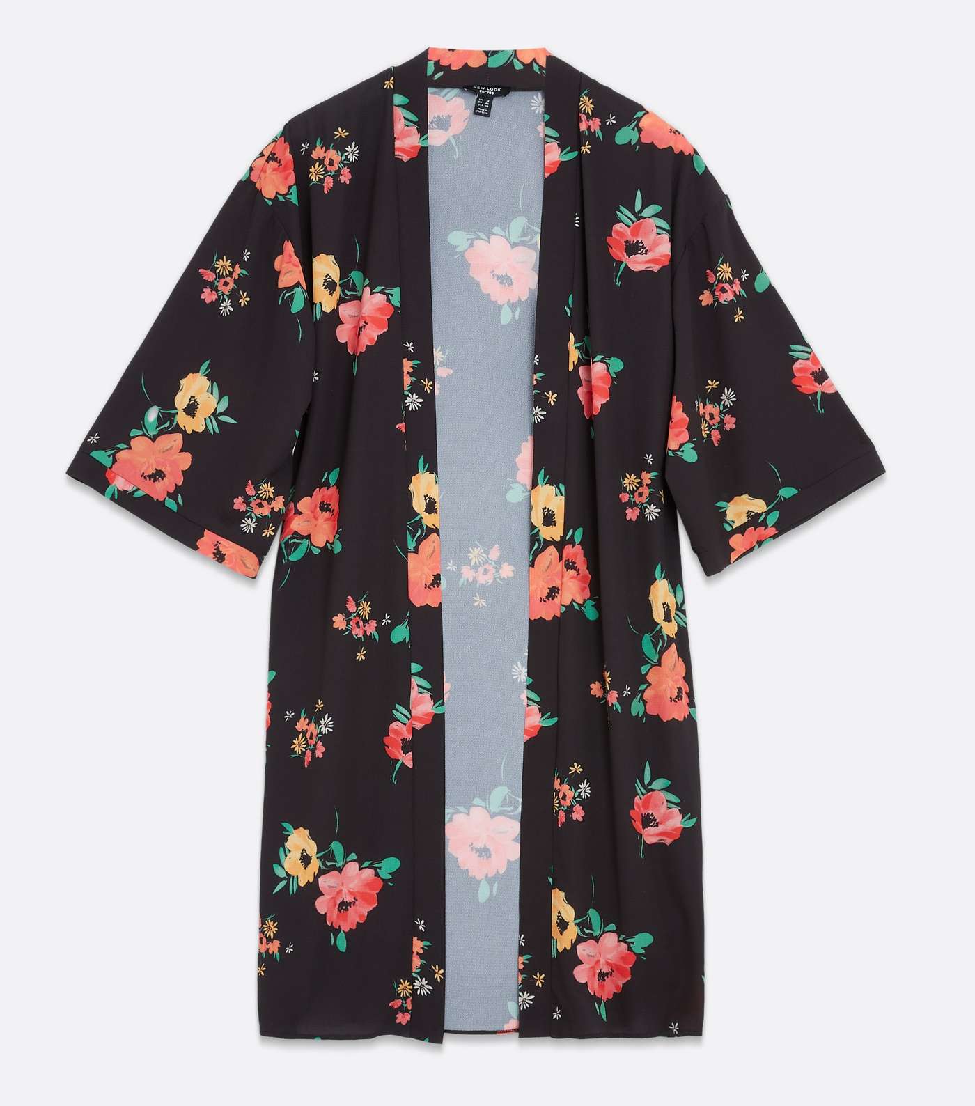 Curves Black Floral Split Hem Long Kimono Image 5