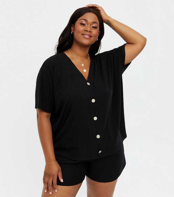 Curves Black Ribbed Gem Button Batwing Shirt | New Look