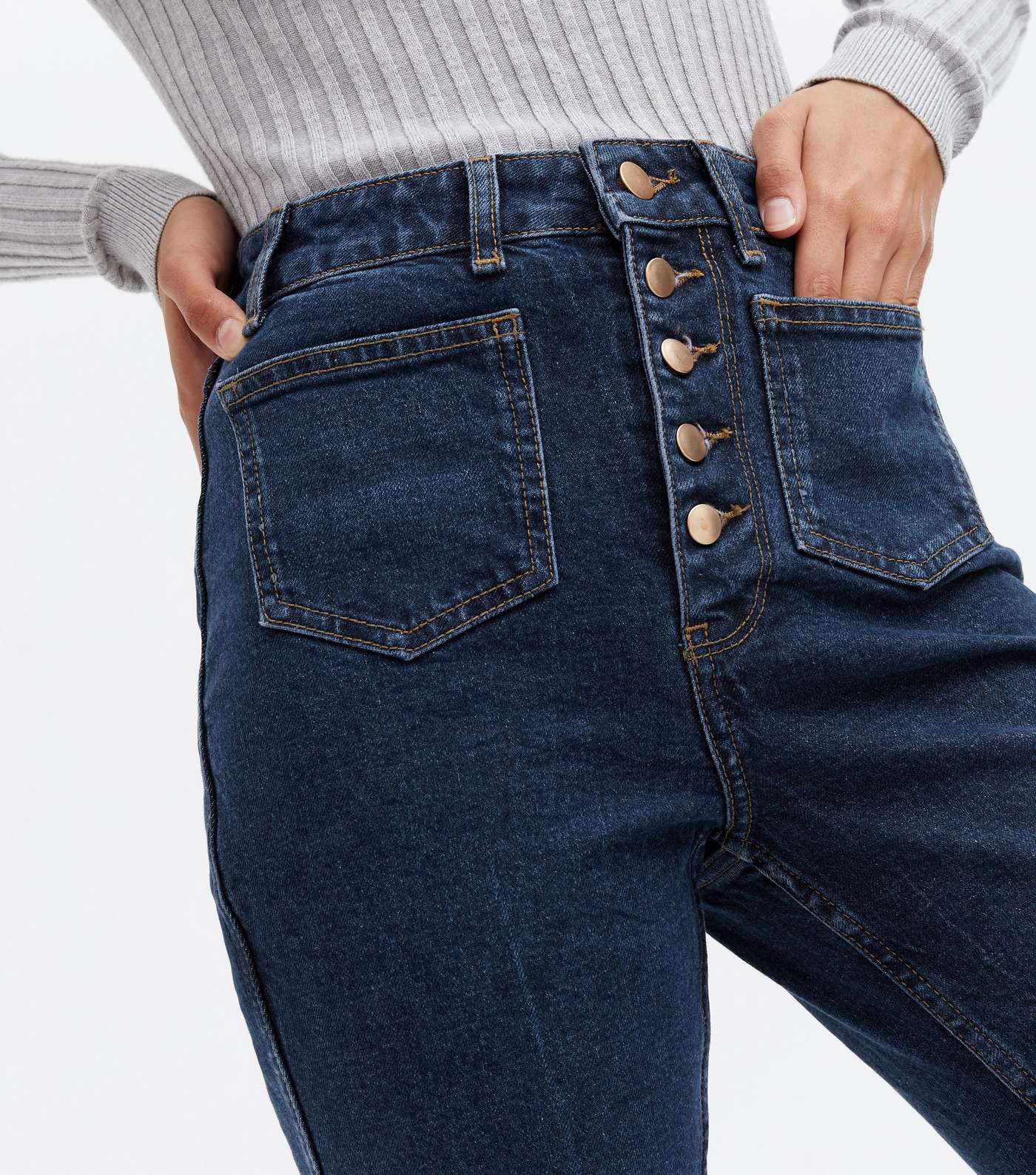 Blue Patch Pocket Button High Waist Flared Brooke Jeans Image 3