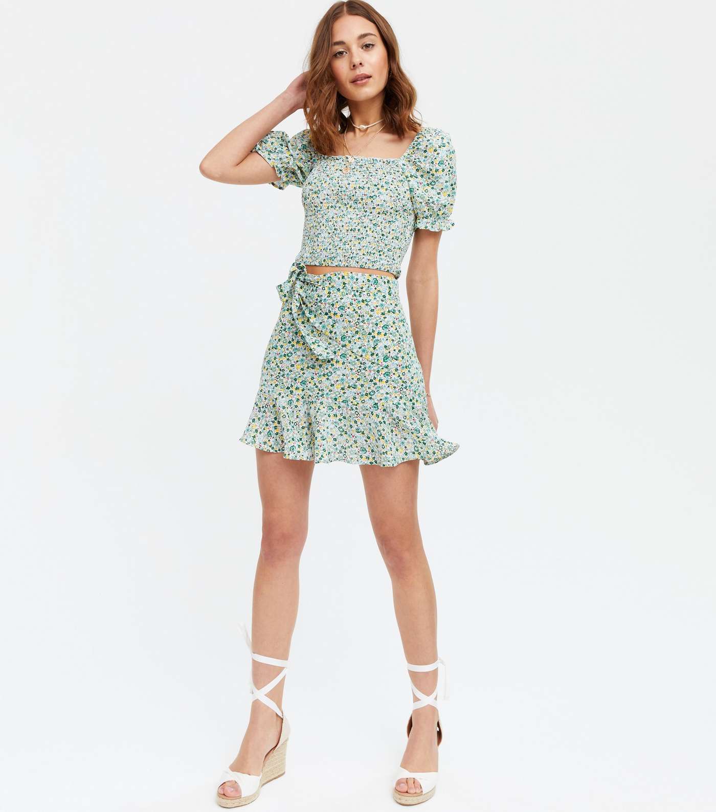 Cameo Rose Light Green Ditsy Floral Belted Skirt