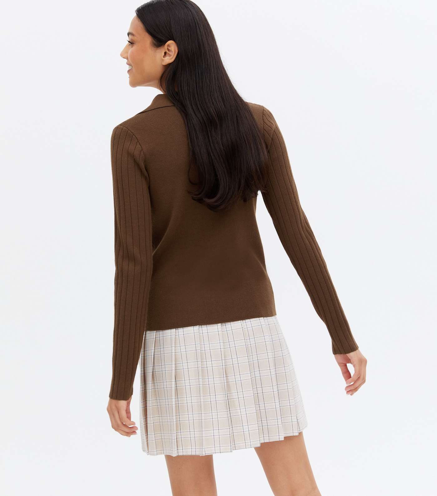 Brown Ribbed Knit Long Sleeve Polo Top Image 4