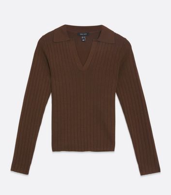 Brown Ribbed Knit Long Sleeve Polo Top 