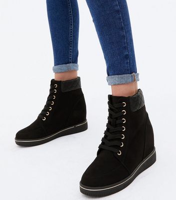 black wedge trainer boots