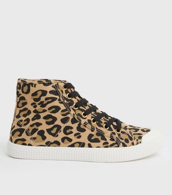 Stone Leopard Print Canvas Lace Up High Top Trainers | New Look