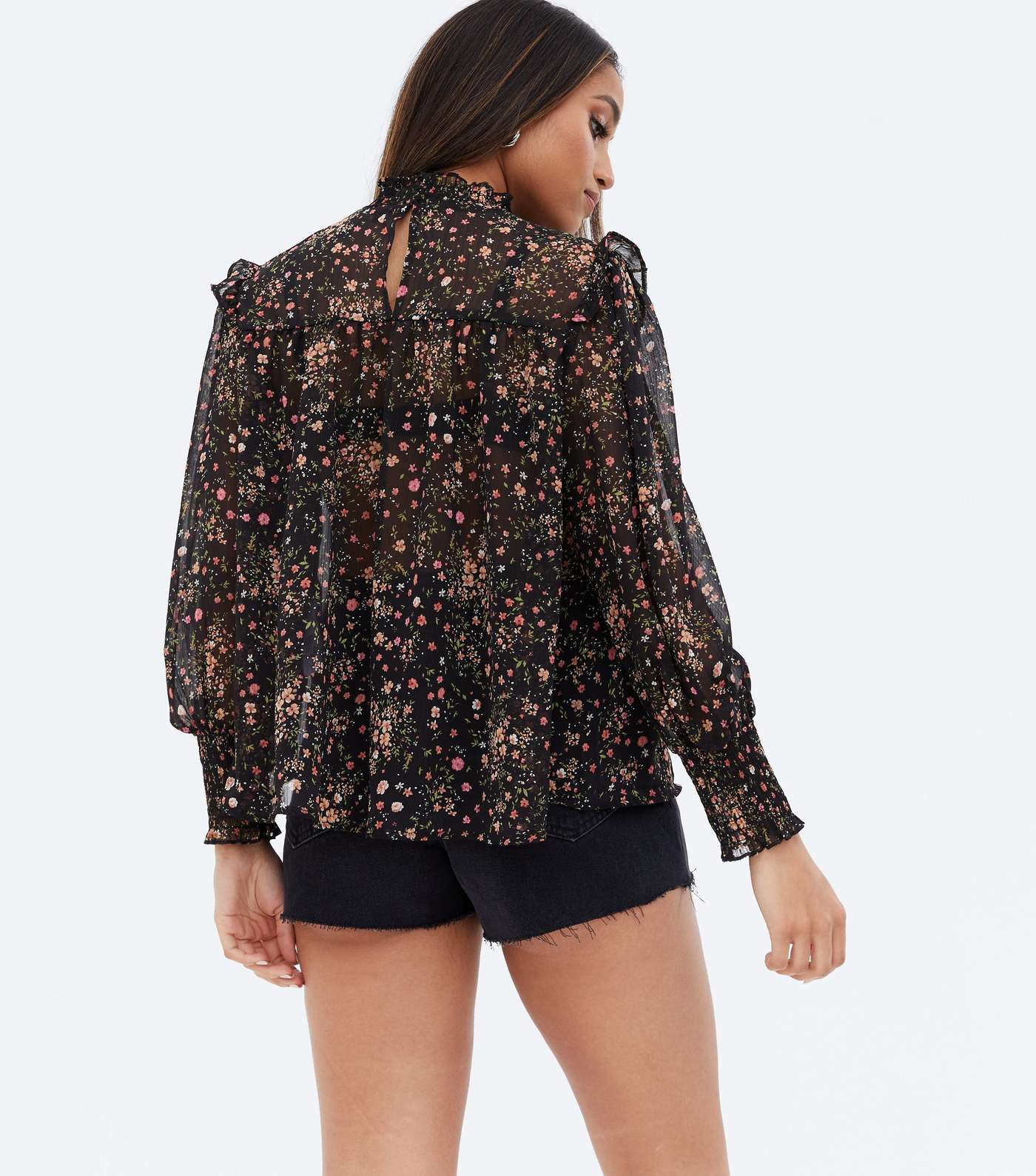 Petite Black Ditsy Floral Chiffon High Neck Puff Sleeve Blouse Image 4