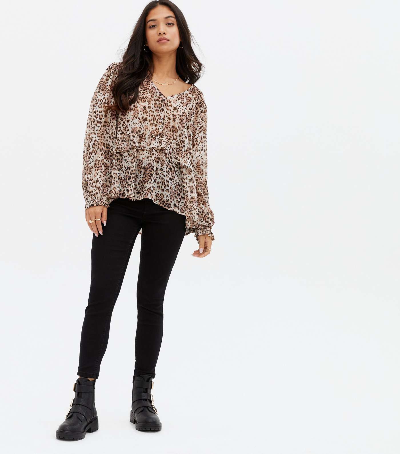 Petite Brown Leopard Print Tiered Blouse Image 2