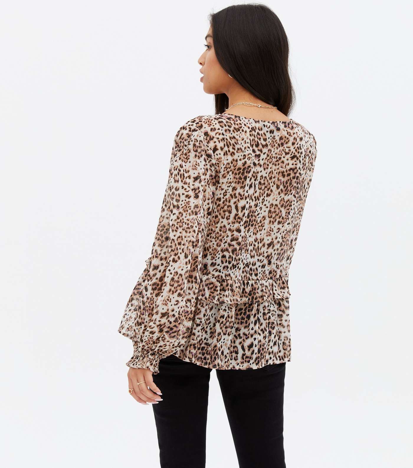 Petite Brown Leopard Print Tiered Blouse Image 4