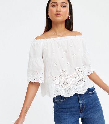 Cameo Rose White Broderie Frill Bardot Top | New Look