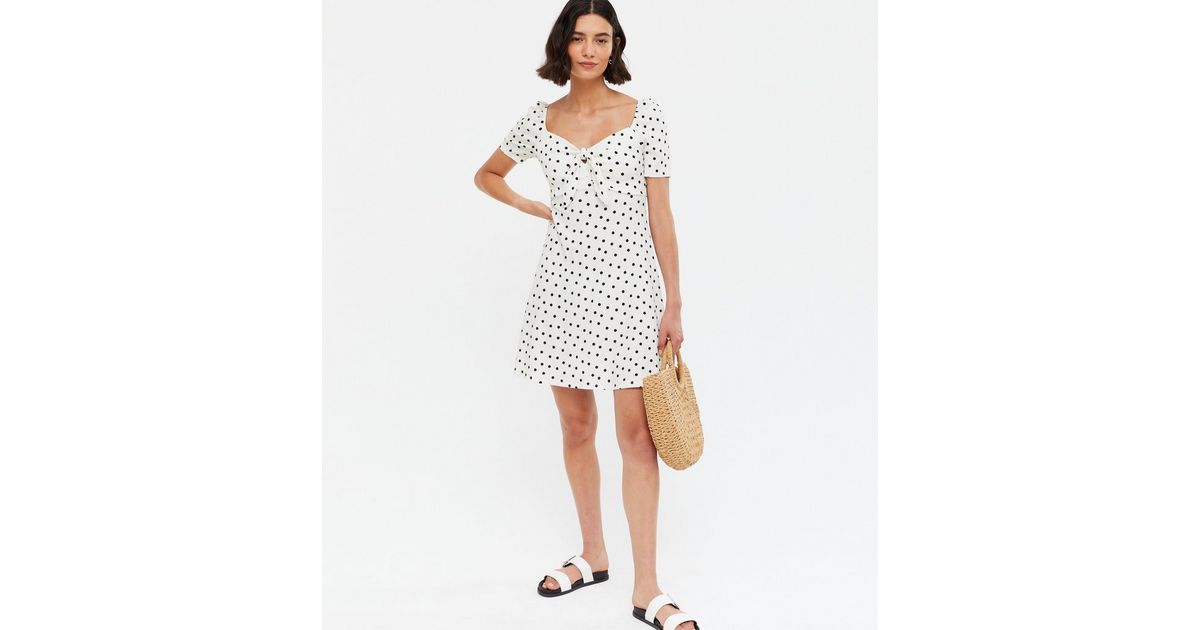 White Spot Tie Front Mini Dress | New Look