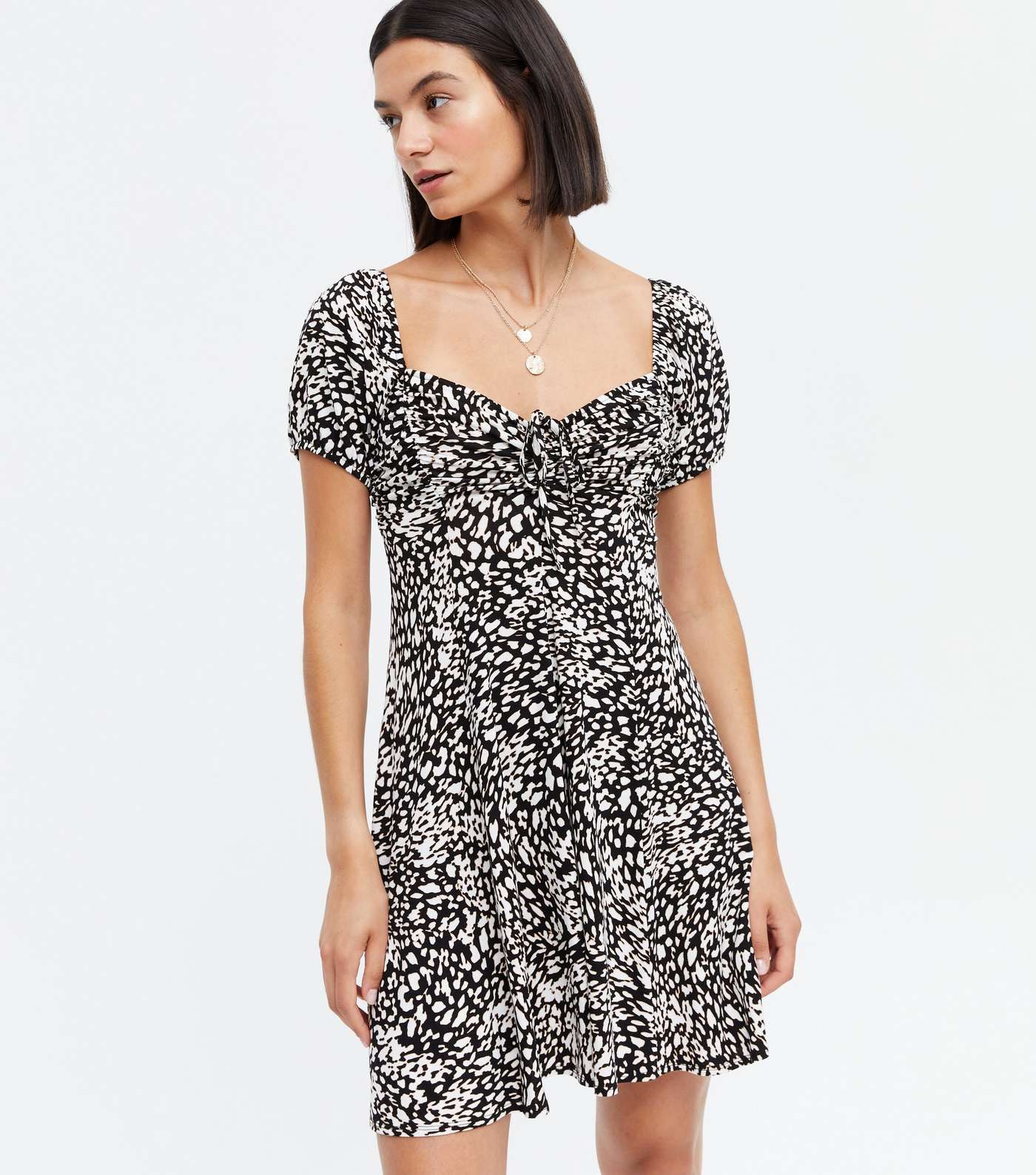 White Animal Print Ruched Tie Front Mini Dress