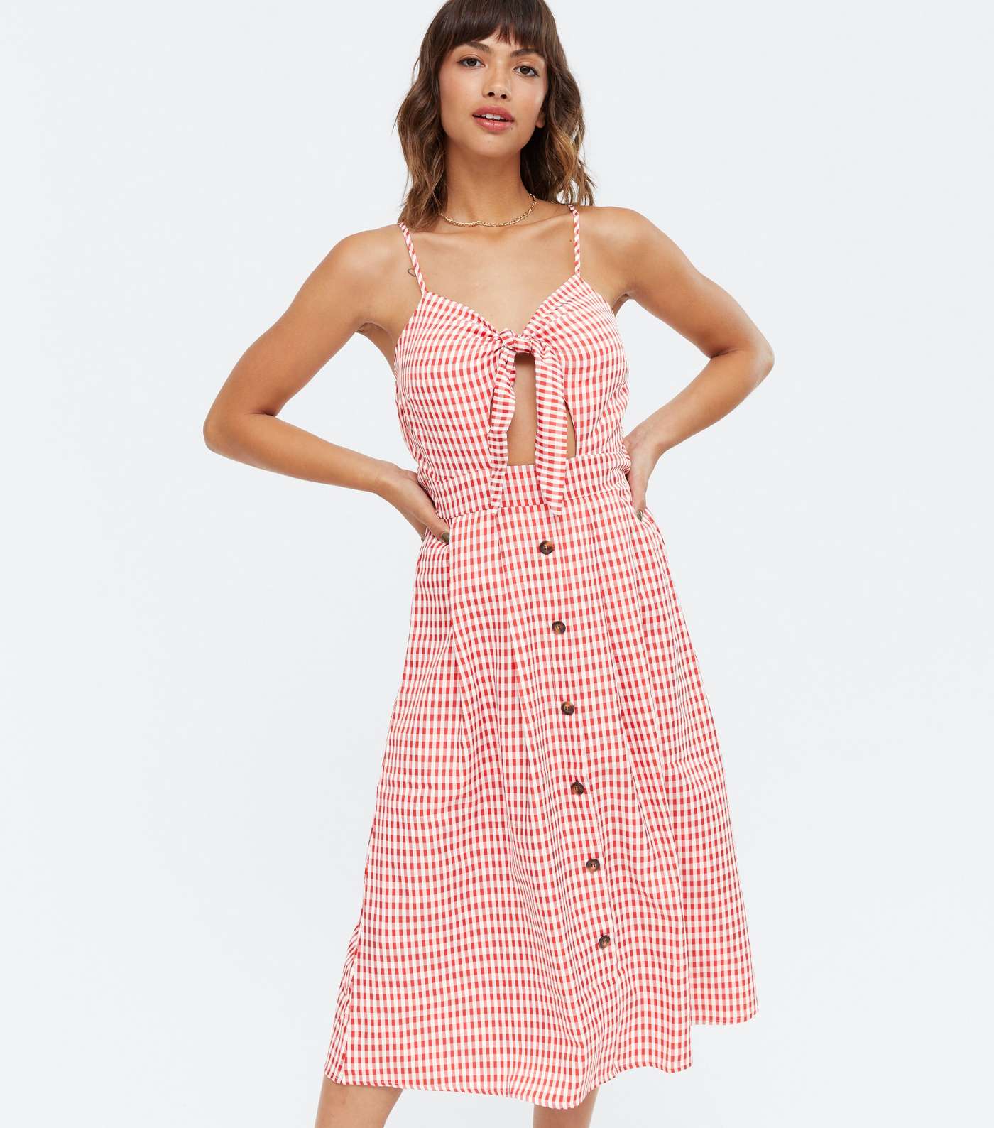 Cameo Rose Red Gingham Cut Out Tie Front Midi Dress Image 2