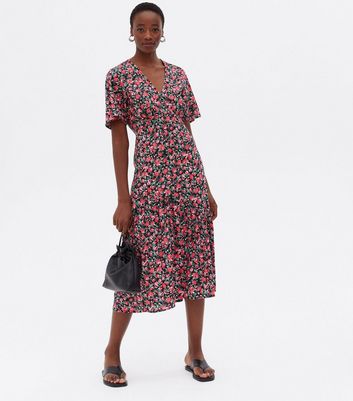 Tall Black Floral Wrap Tiered Midi Dress | New Look