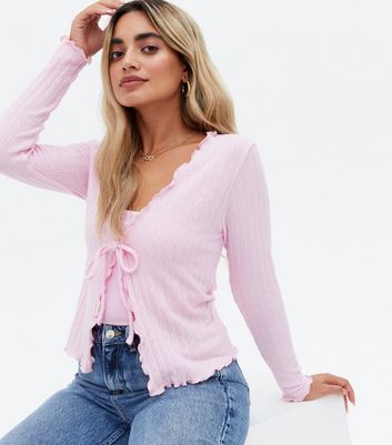 Petite Pale Pink Ribbed Knit Tie Front Cardigan | New Look