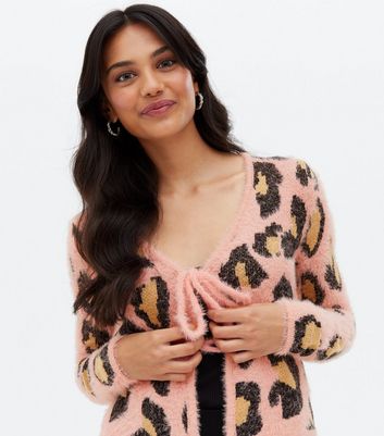 Pink Leopard Print Fluffy Tie Front Cardigan | New Look