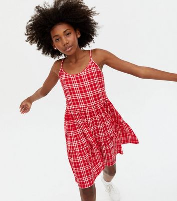 Girls Red Check Textured Tiered Mini Dress New Look