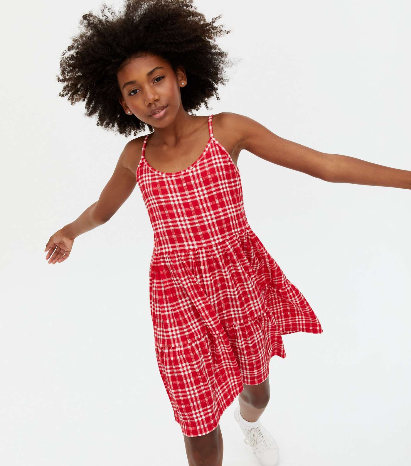 Girls Red Check Textured Tiered Mini Dress