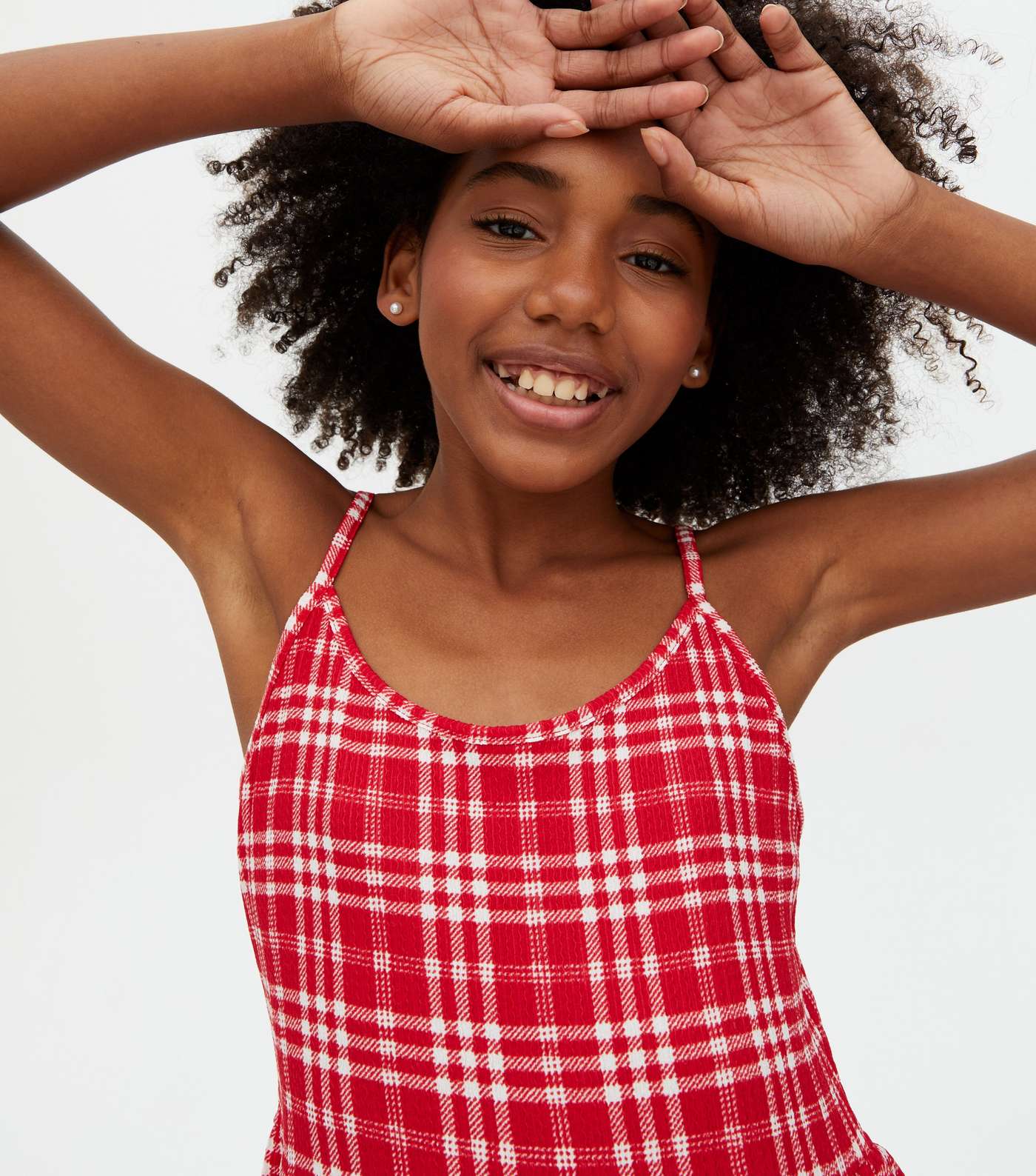 Girls Red Check Textured Tiered Mini Dress Image 3