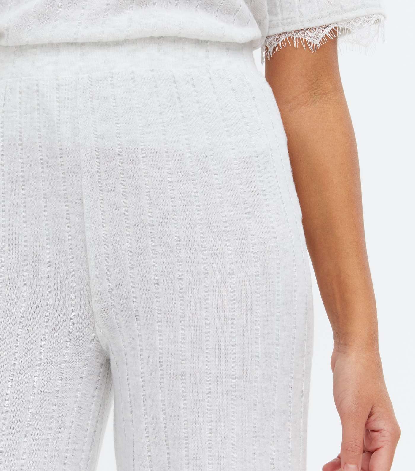Pale Grey Ribbed Lace Hem Lounge Trousers Image 3