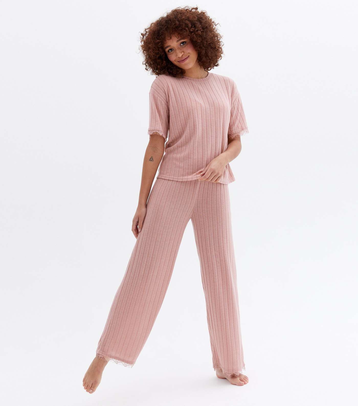 Mid Pink Ribbed Lace Hem Lounge Trousers