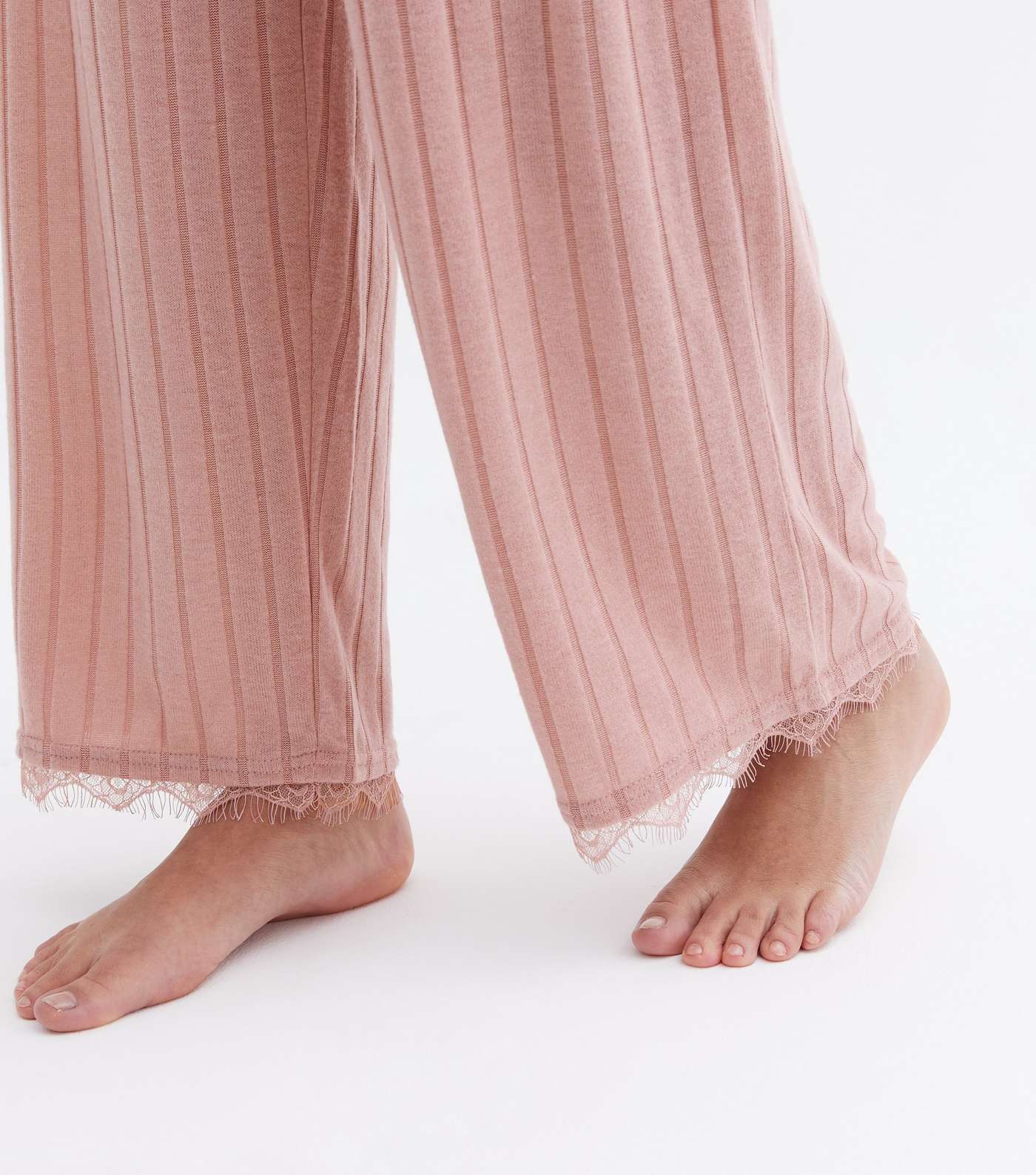 Mid Pink Ribbed Lace Hem Lounge Trousers Image 3