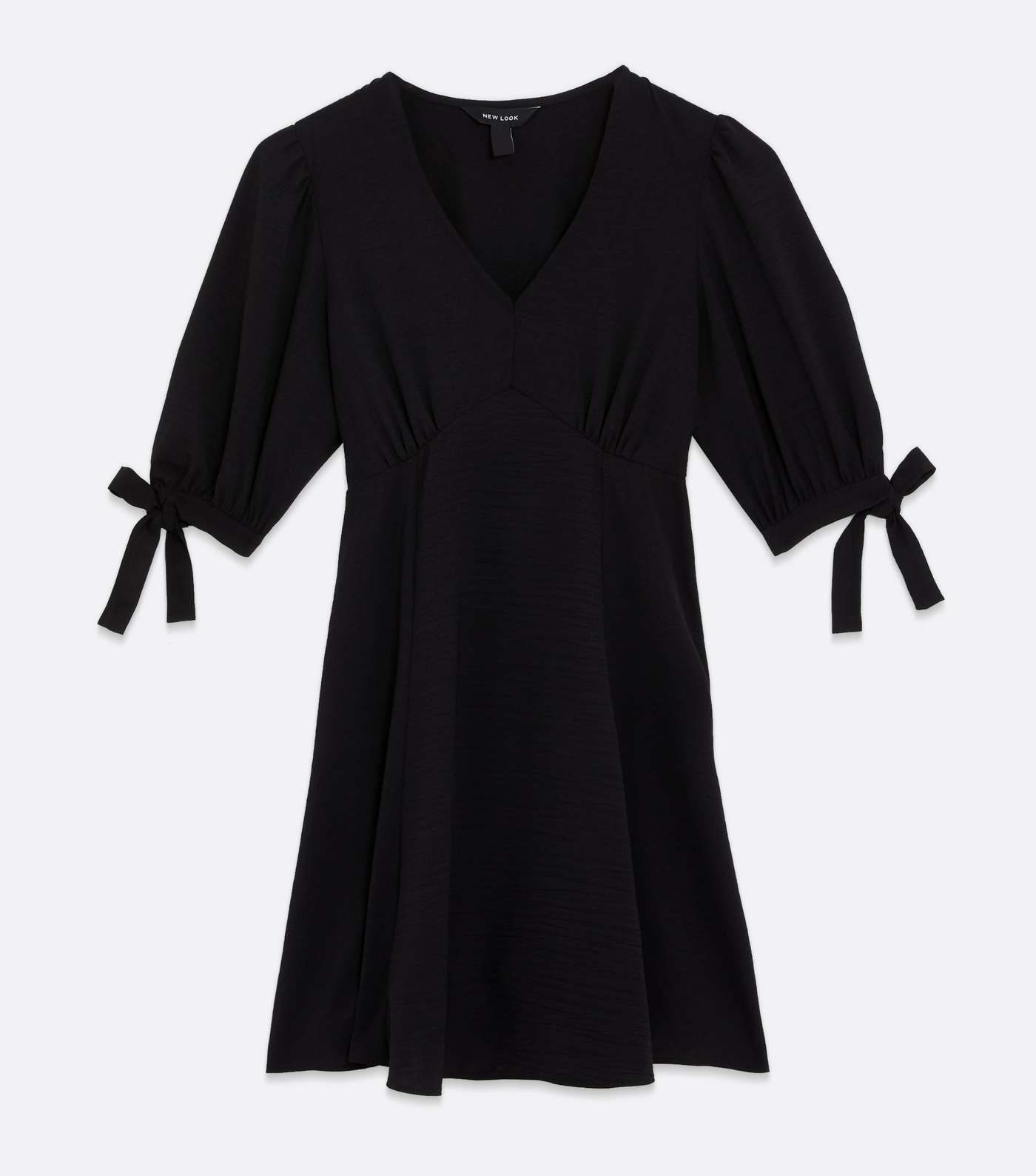 Black V Neck Tie Puff Sleeve Tea Dress Image 5