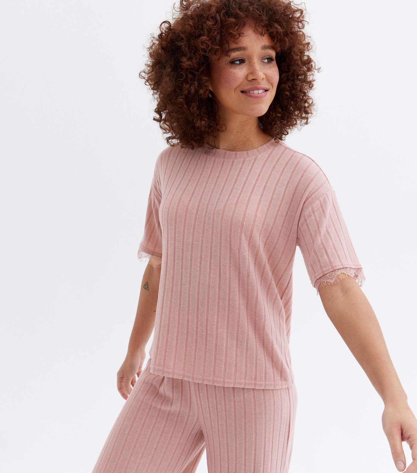 Mid Pink Ribbed Lace Trim Lounge T-Shirt