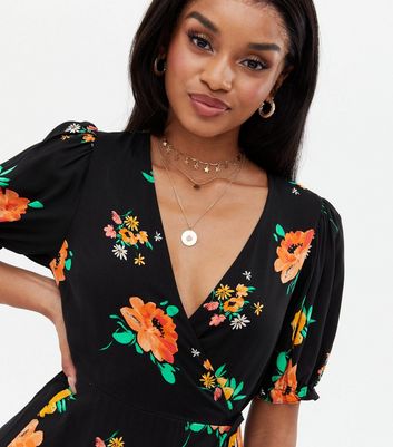 Petite Black Floral Wrap Tiered Midi Dress New Look