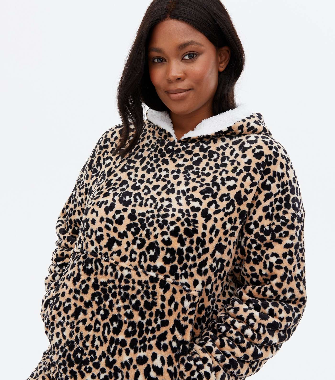 Curves Brown Leopard Print Fleece Oversized Blanket Hoodie Image 3