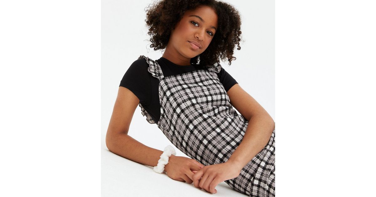 Girls Black Check 2 in 1 Frill Pinafore Dress
