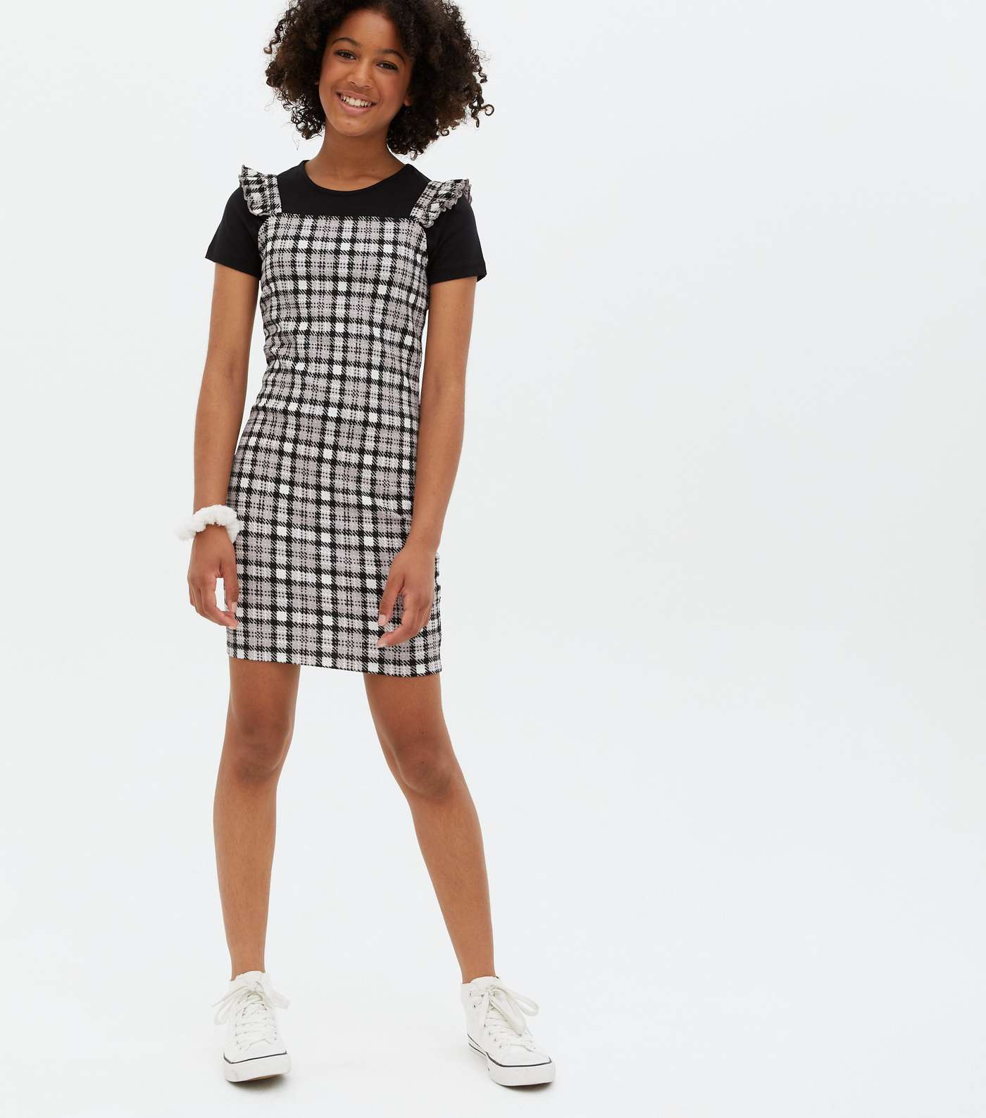 Girls Black Check 2 in 1 Frill Pinafore Dress Image 2