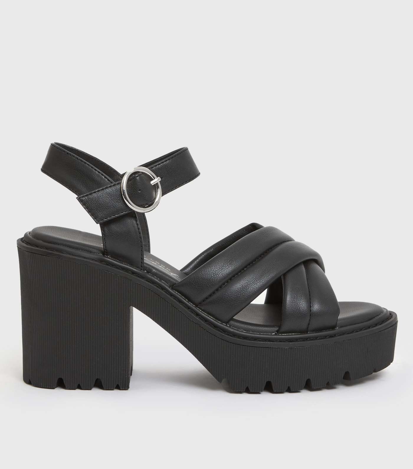 Black Leather-Look Cross Strap Chunky Block Heel Sandals