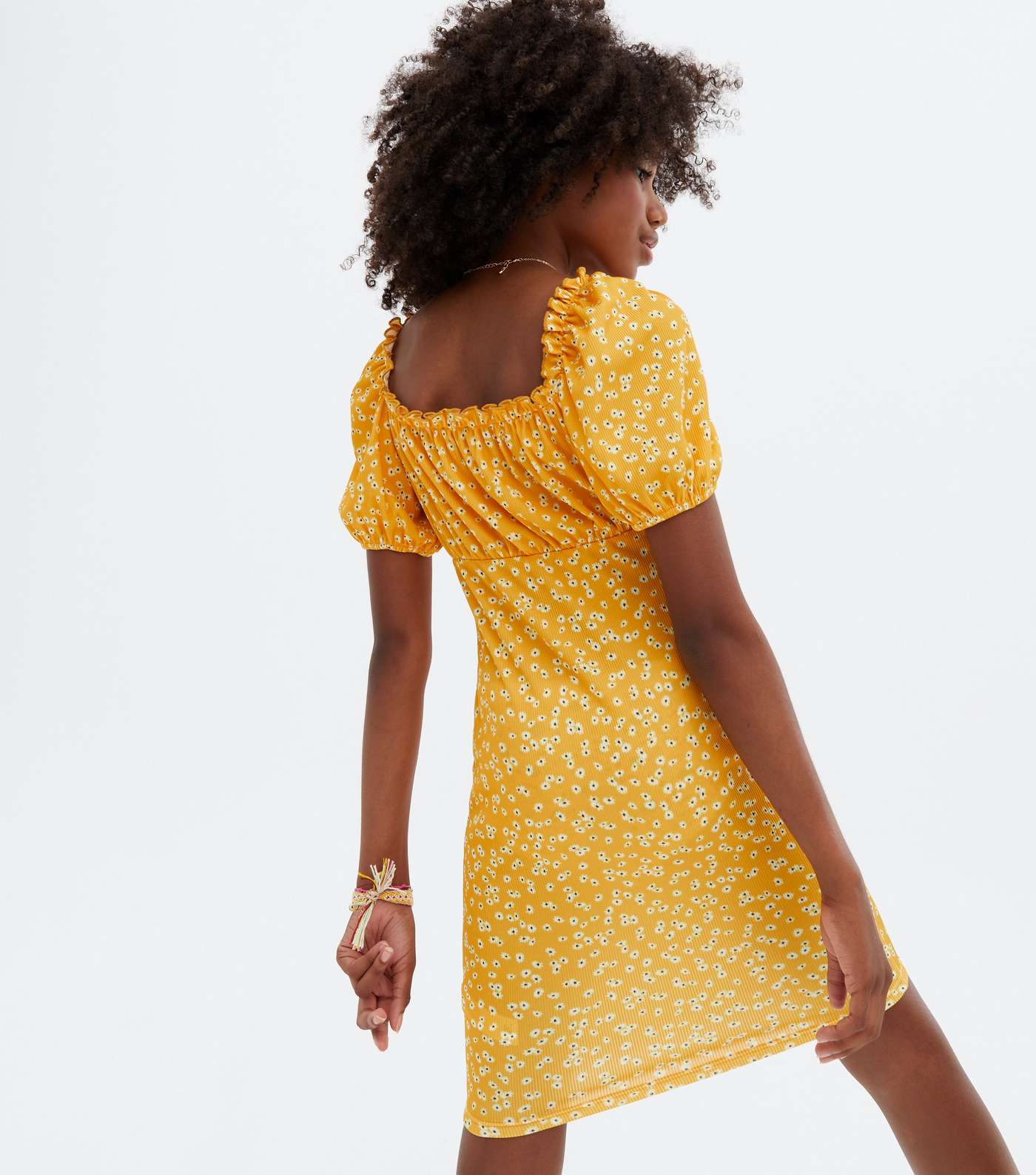 Girls Yellow Ditsy Floral Ruched Mini Dress Image 4
