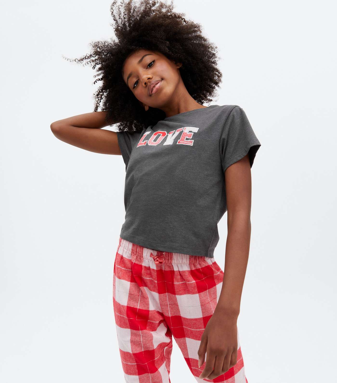 Girls Red Check Love Embroidered Jogger Pyjama Set Image 2