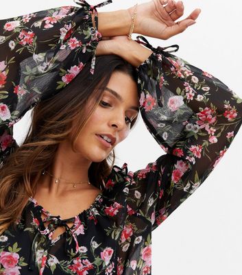 Black Floral Chiffon Frill Tie Blouse 