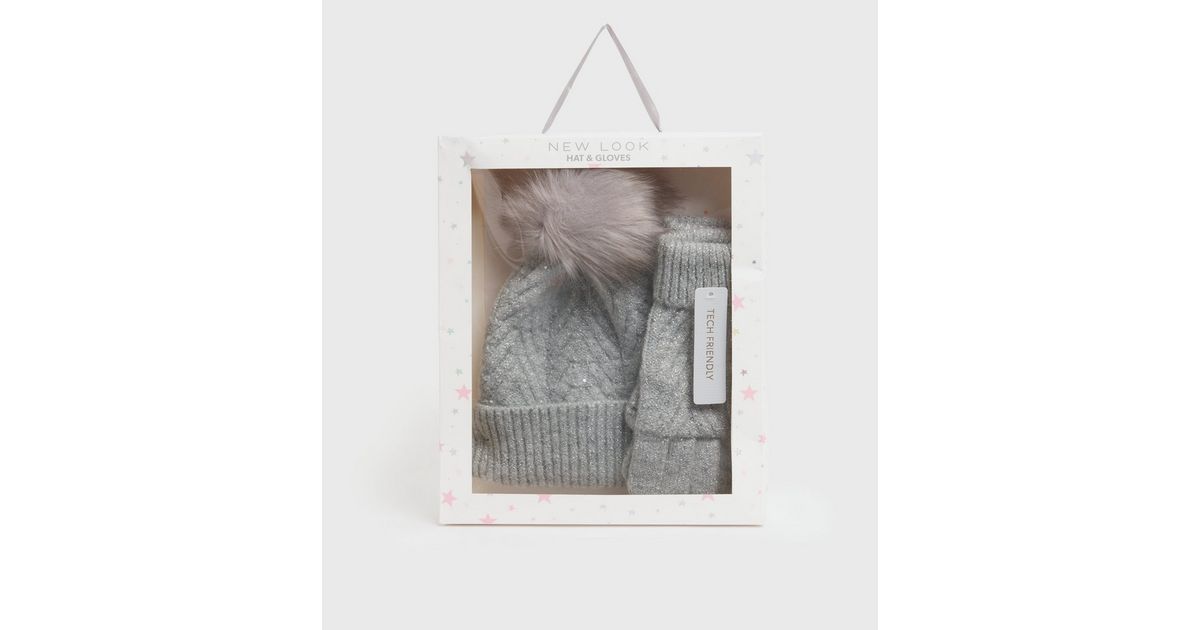 2 Pack Grey Sequin Bobble Hat and Gloves Set New Look