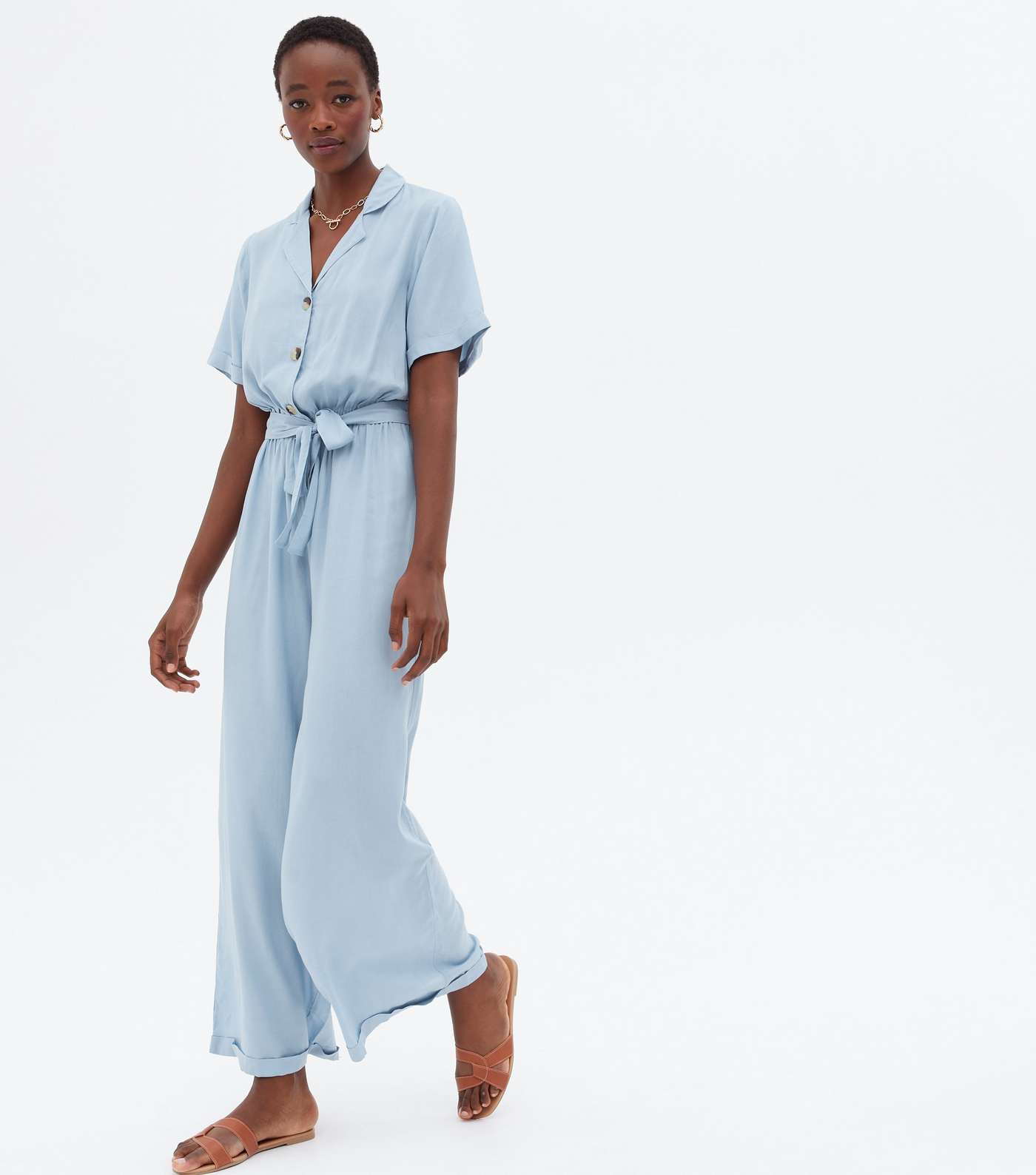 Tall Pale Blue Revere Collar Belted Jumpsuit