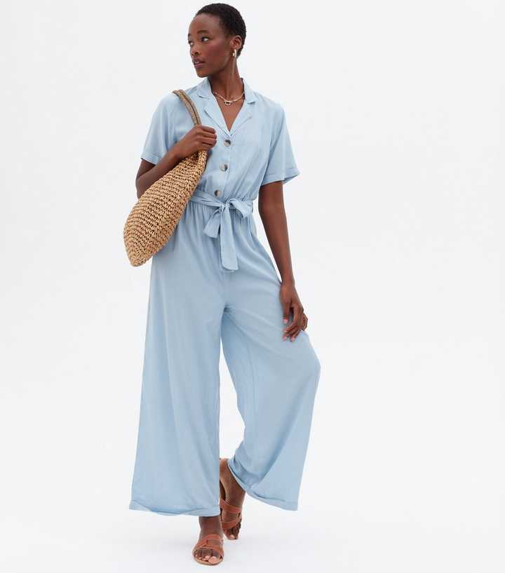 Tall Pale Blue Revere Collar Belted Jumpsuit