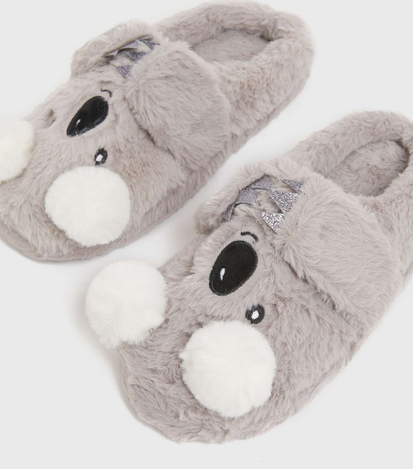 Girls Grey Faux Fur Koala Mule Slippers Image 3
