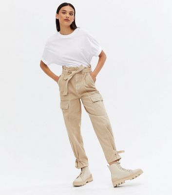 khaki denim belted trousers