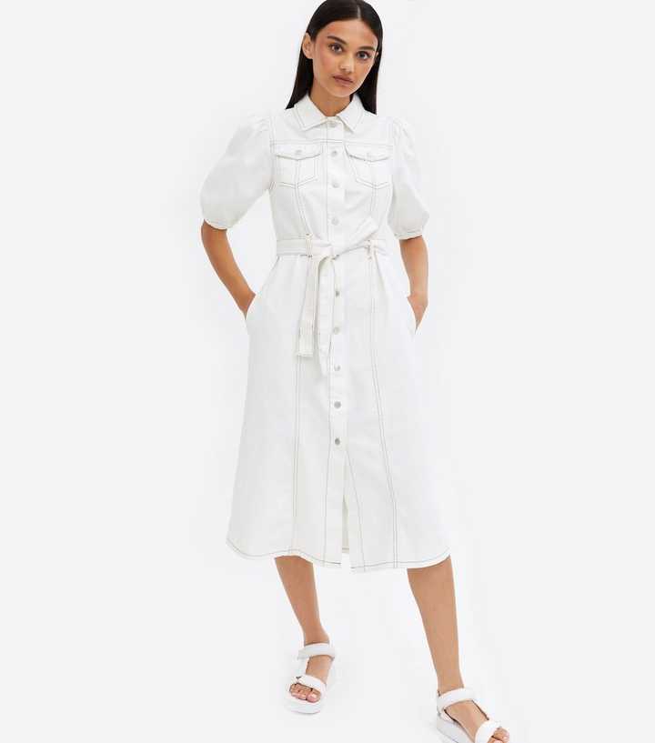 White Denim Belted Midi Shirt Dress