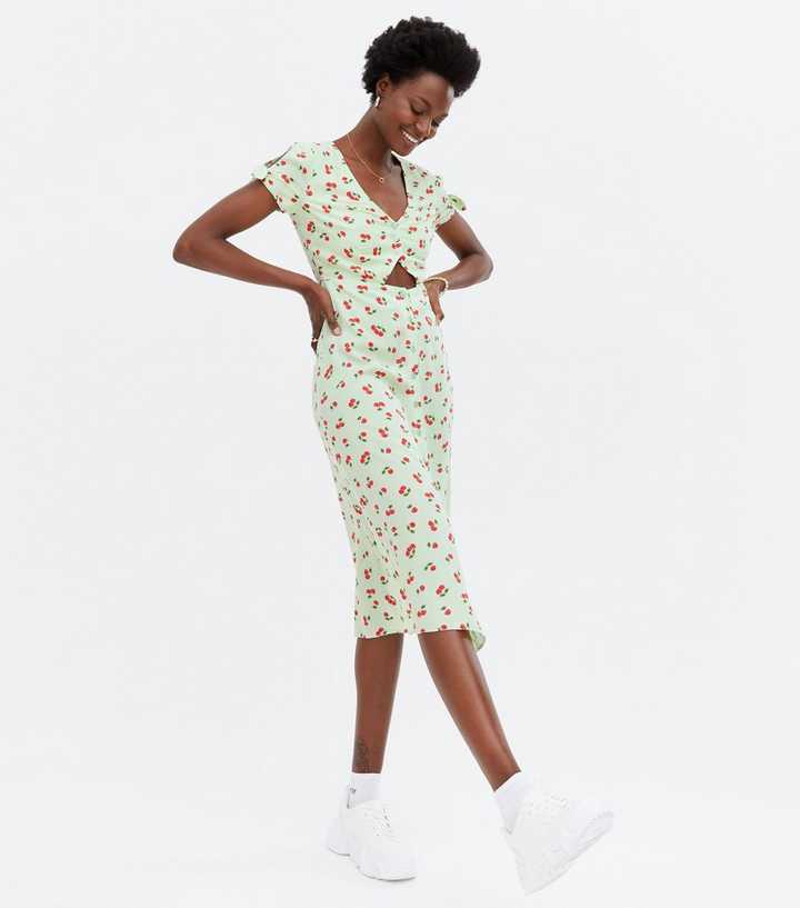 Light Green Cherry Cut Out Midi Shirt Dress | New Look