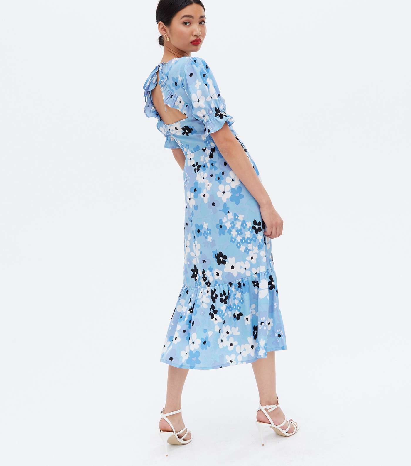 Blue Floral Tiered Midi Wrap Dress Image 4