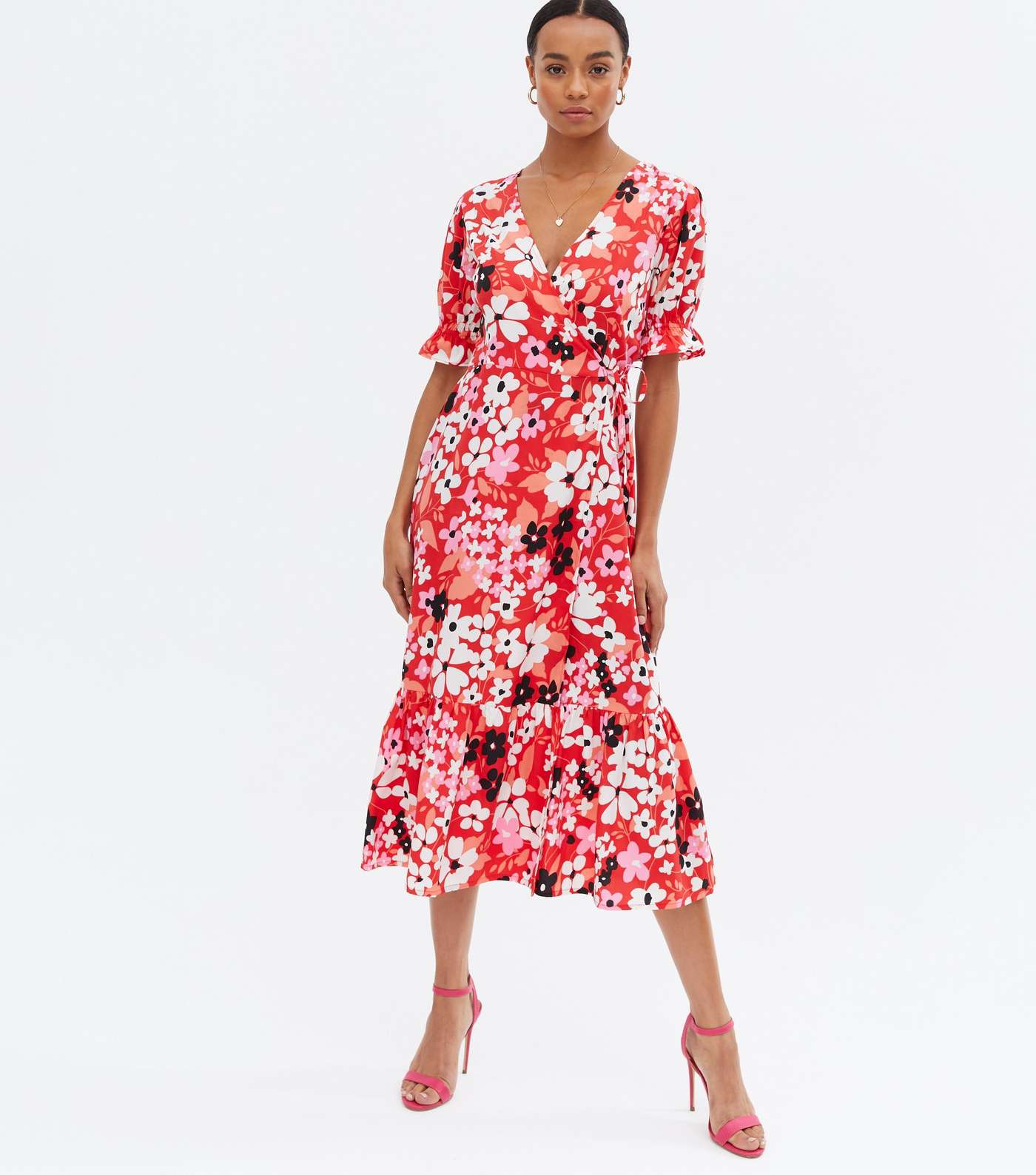 Red Floral Tiered Midi Wrap Dress Image 2